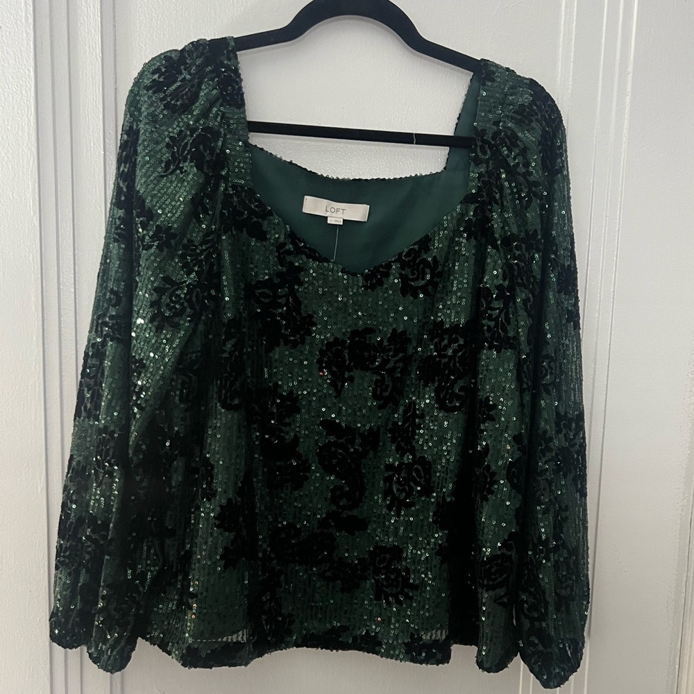 Loft Sequin Flocked Sweetheart Neck Blouse
